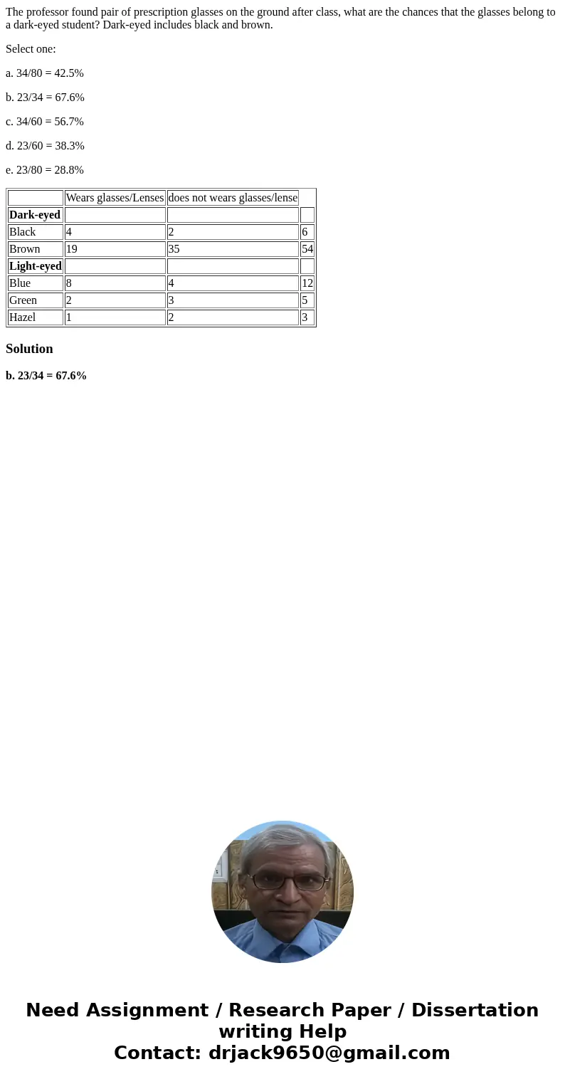 The professor found pair of prescription glasses on the ground after class, what are the chances that the glasses belong to a dark-eyed student? Dark-eyed inclu The professor found pair of prescription glasses on the ground after class, what are the chances that the glasses belong to a dark-eyed student? Dark-eyed inclu
