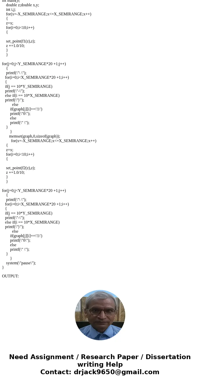 This program will draw (rather rough) graphs of functions. The function being graphed and the region of the graph to be displayed will be hard-coded into the pr This program will draw (rather rough) graphs of functions. The function being graphed and the region of the graph to be displayed will be hard-coded into the pr