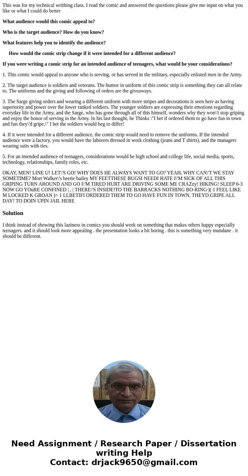 This was for my technical writhing class. I read the comic and answered the questions please give me input on what you like or what I could do better What audie This was for my technical writhing class. I read the comic and answered the questions please give me input on what you like or what I could do better What audie