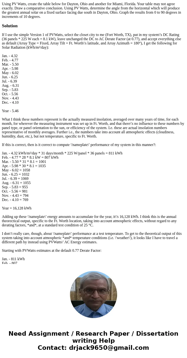 Using PV Watts, create the table below for Dayton, Ohio and another for Miami, Florida. Your table may not agree exactly. Draw a comparative conclusion. Using   Using PV Watts, create the table below for Dayton, Ohio and another for Miami, Florida. Your table may not agree exactly. Draw a comparative conclusion. Using
