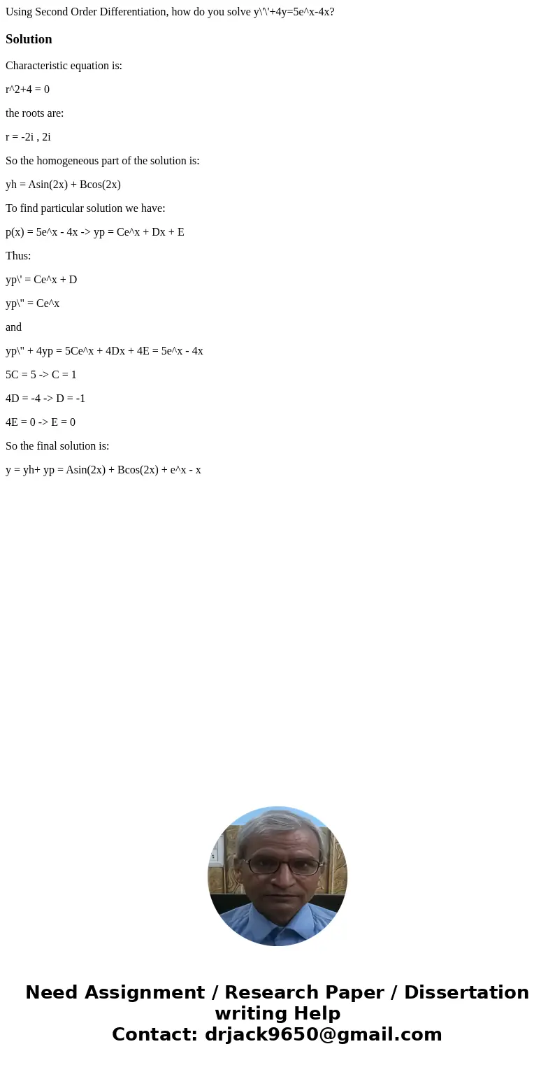 Using Second Order Differentiation, how do you solve y\'\'+4y=5e^x-4x?SolutionCharacteristic equation is: r^2+4 = 0 the roots are: r = -2i , 2i So the homogeneo Using Second Order Differentiation, how do you solve y\'\'+4y=5e^x-4x?SolutionCharacteristic equation is: r^2+4 = 0 the roots are: r = -2i , 2i So the homogeneo