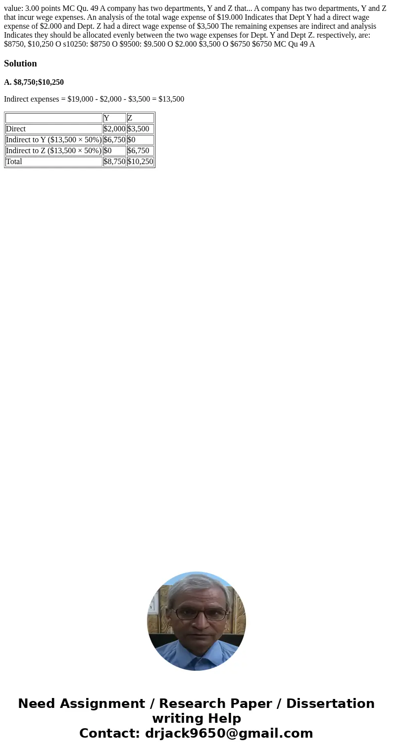 value: 3.00 points MC Qu. 49 A company has two departments, Y and Z that... A company has two departments, Y and Z that incur wege expenses. An analysis of the  value: 3.00 points MC Qu. 49 A company has two departments, Y and Z that... A company has two departments, Y and Z that incur wege expenses. An analysis of the