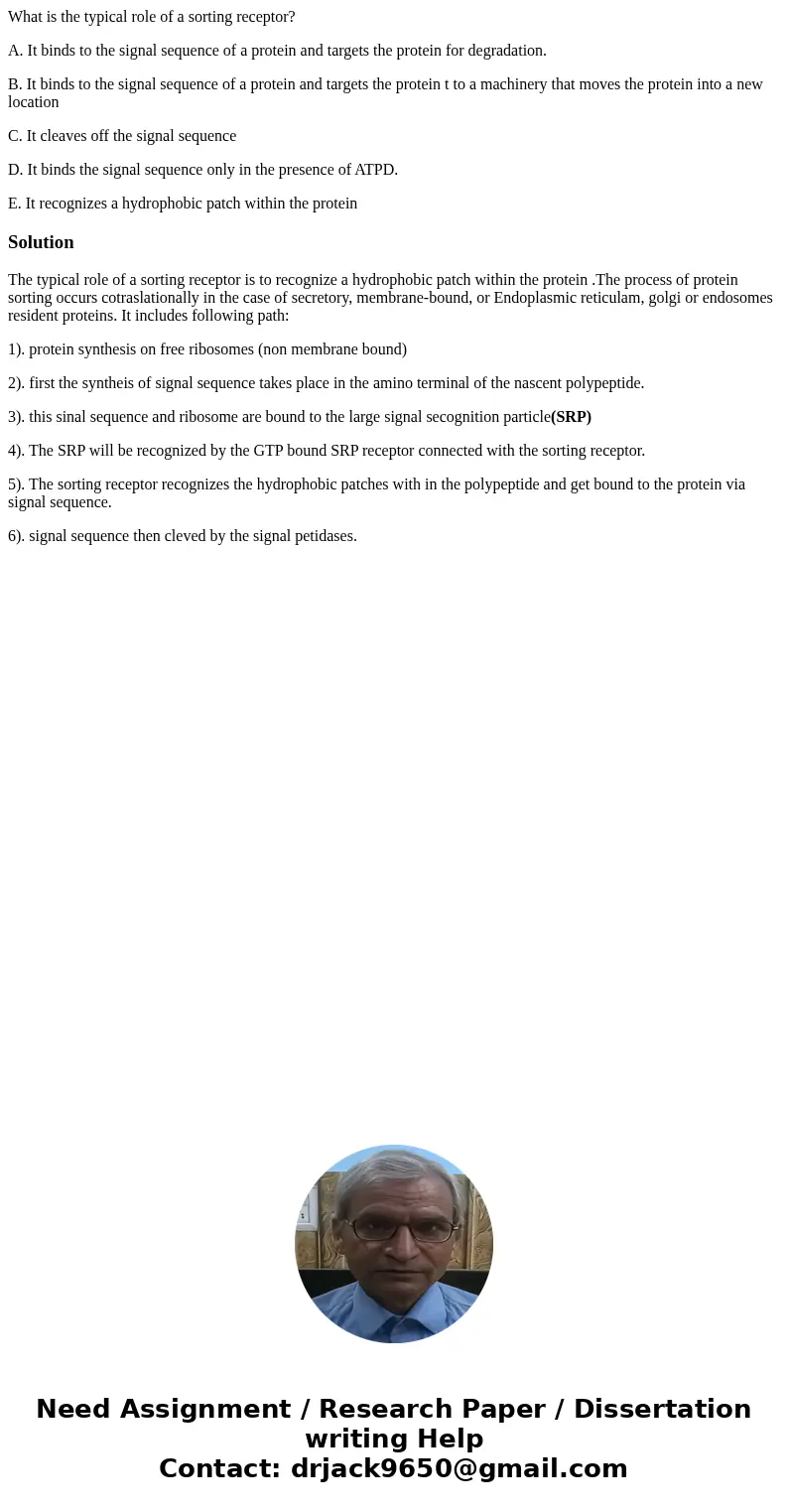 What is the typical role of a sorting receptor? A. It binds to the signal sequence of a protein and targets the protein for degradation. B. It binds to the sign