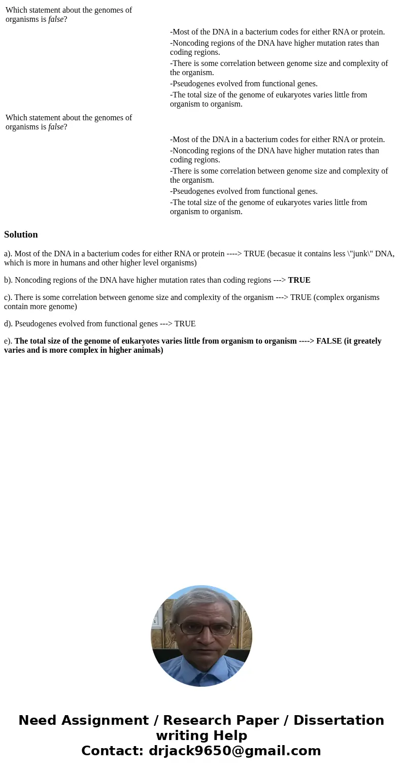 Which statement about the genomes of organisms is false? -Most of the DNA in a bacterium codes for either RNA or protein. -Noncoding regions of the DNA have hi  Which statement about the genomes of organisms is false? -Most of the DNA in a bacterium codes for either RNA or protein. -Noncoding regions of the DNA have hi