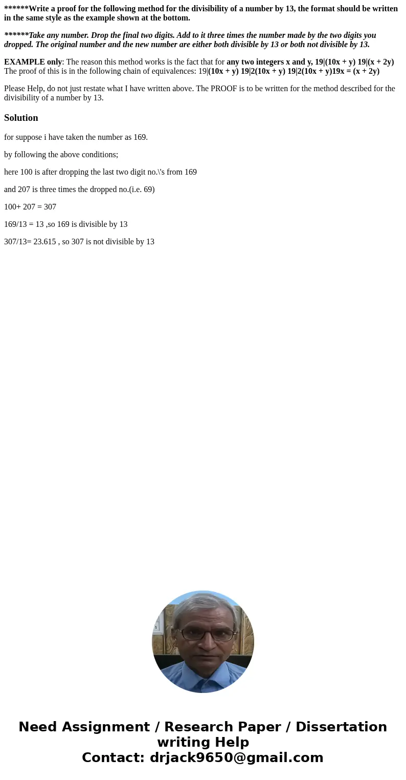 ******Write a proof for the following method for the divisibility of a number by 13, the format should be written in the same style as the example shown at the  ******Write a proof for the following method for the divisibility of a number by 13, the format should be written in the same style as the example shown at the