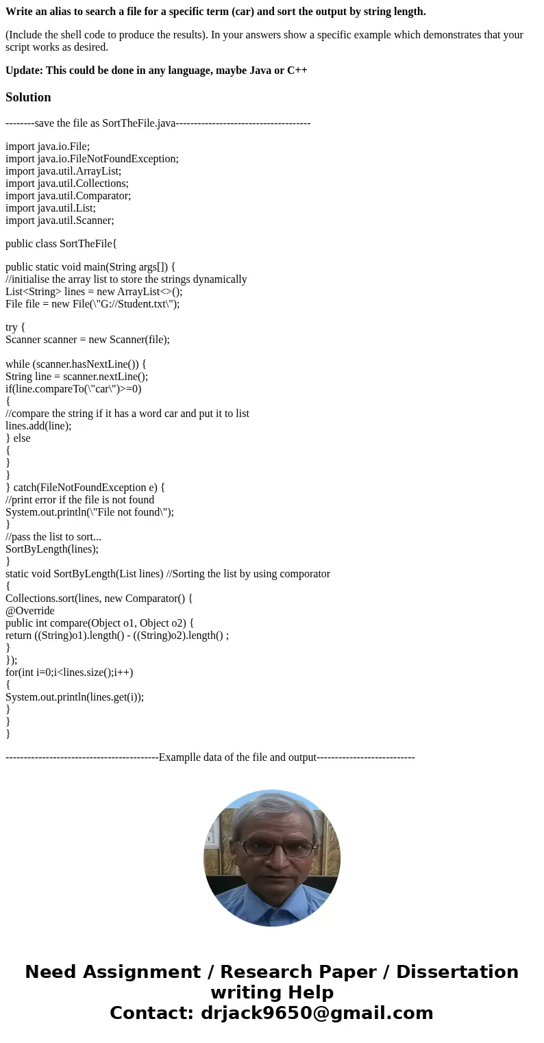 Write an alias to search a file for a specific term (car) and sort the output by string length. (Include the shell code to produce the results). In your answers Write an alias to search a file for a specific term (car) and sort the output by string length. (Include the shell code to produce the results). In your answers