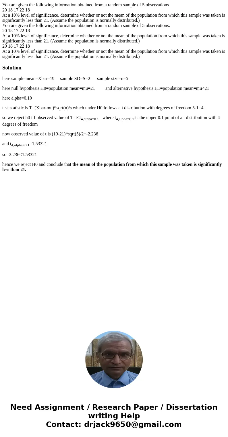 You are given the following information obtained from a random sample of 5 observations. 20 18 17 22 18 At a 10% level of significance, determine whether or not You are given the following information obtained from a random sample of 5 observations. 20 18 17 22 18 At a 10% level of significance, determine whether or not