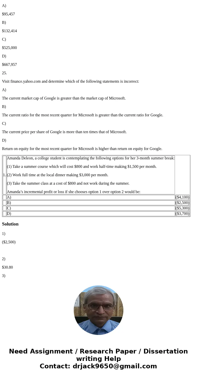 1. Amanda Deleon, a college student is contemplating the following options for her 3-month summer break: (1) Take a summer course which will cost $800 and work 