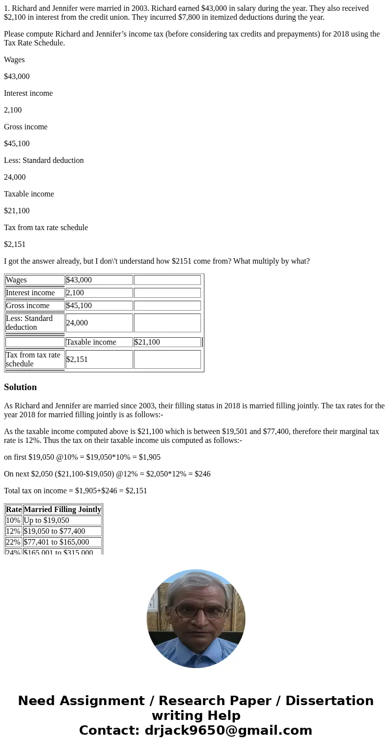 1. Richard and Jennifer were married in 2003. Richard earned $43,000 in salary during the year. They also received $2,100 in interest from the credit union. The
