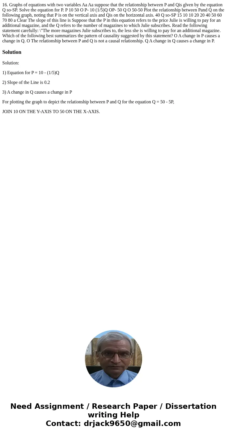 16. Graphs of equations with two variables Aa Aa suppose that the relationship between P and Qis glven by the equation Q so-SP. Solve the equation for P. P 10   16. Graphs of equations with two variables Aa Aa suppose that the relationship between P and Qis glven by the equation Q so-SP. Solve the equation for P. P 10