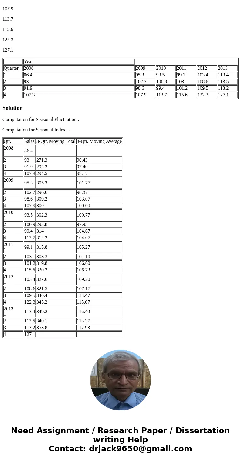 18) Use the following sales data to compute a trend- and seasonally-adjusted forecast for quarter 3 of year 7. Round off seasonal indexes to two decimals. Use t
