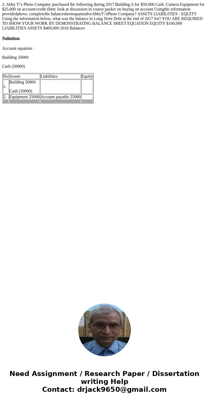 2. Abby T\'s Photo Company purchased the following during 2017 Building A for $50,000 Cash. Camera Equipment for $25,000 on account/credit (hint: look at discu  2. Abby T\'s Photo Company purchased the following during 2017 Building A for $50,000 Cash. Camera Equipment for $25,000 on account/credit (hint: look at discu