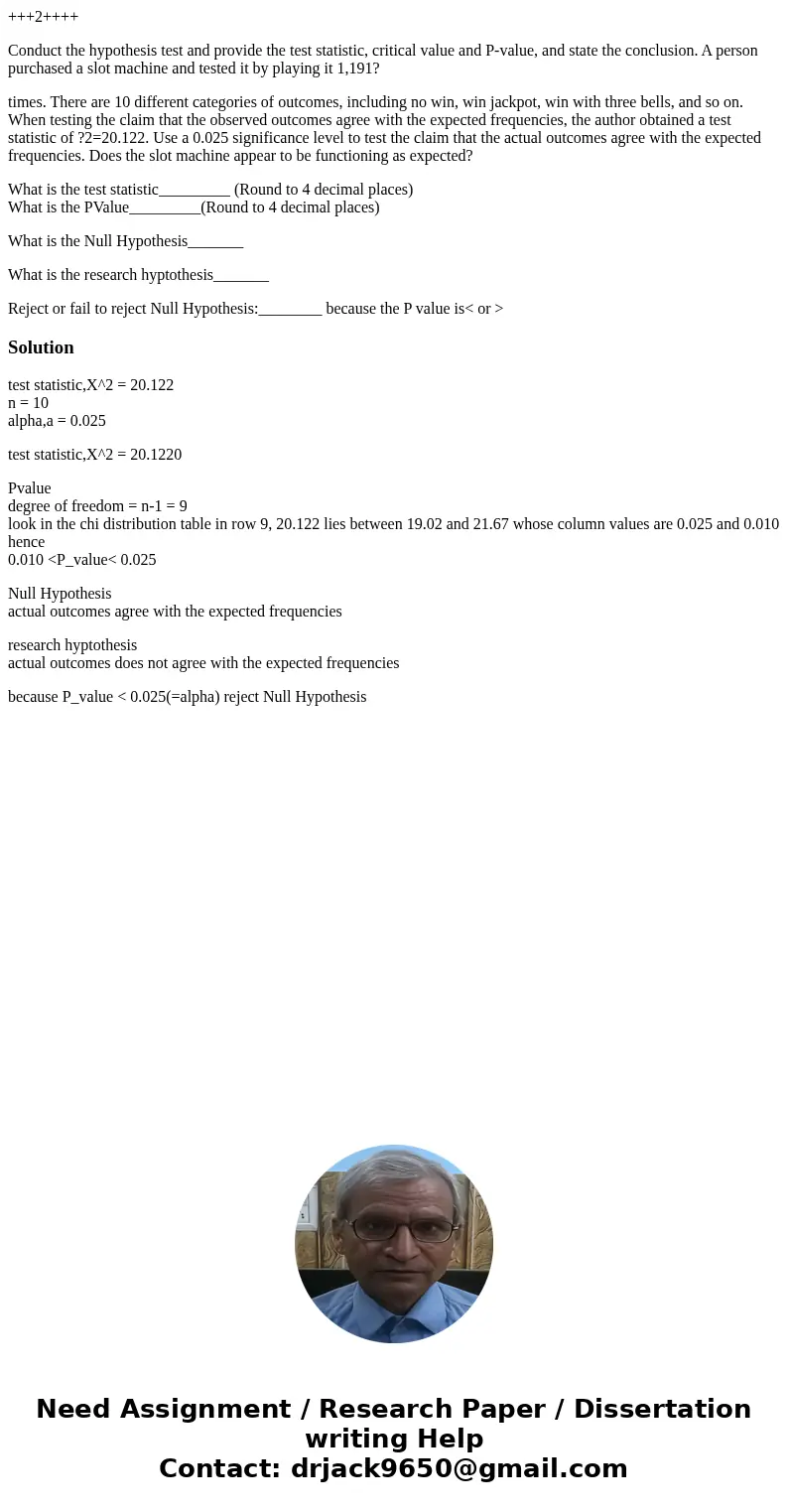 +++2++++ Conduct the hypothesis test and provide the test statistic, critical value and P-value, and state the conclusion. A person purchased a slot machine and +++2++++ Conduct the hypothesis test and provide the test statistic, critical value and P-value, and state the conclusion. A person purchased a slot machine and