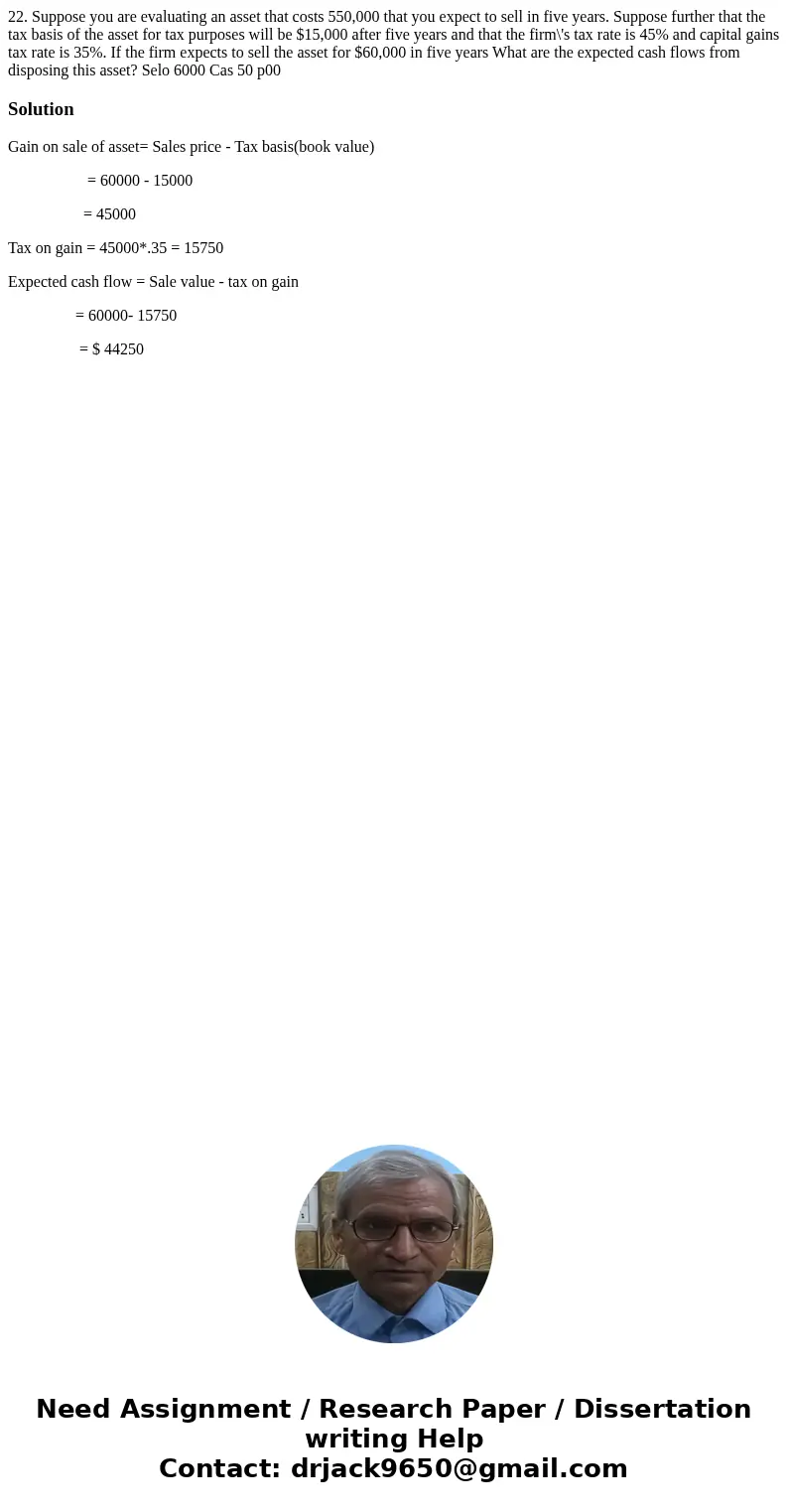 22. Suppose you are evaluating an asset that costs 550,000 that you expect to sell in five years. Suppose further that the tax basis of the asset for tax purpo  22. Suppose you are evaluating an asset that costs 550,000 that you expect to sell in five years. Suppose further that the tax basis of the asset for tax purpo