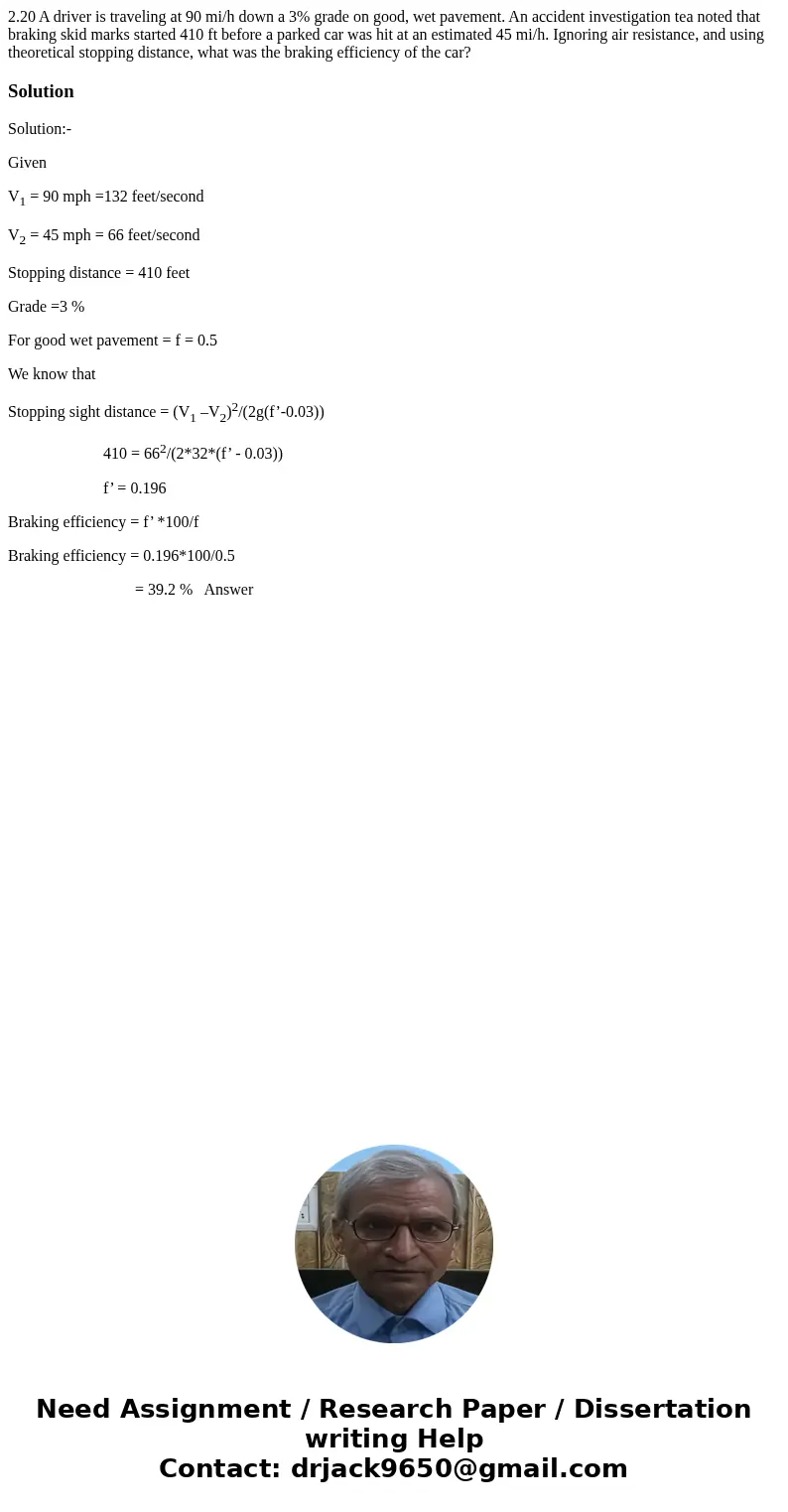 2.20 A driver is traveling at 90 mi/h down a 3% grade on good, wet pavement. An accident investigation tea noted that braking skid marks started 410 ft before   2.20 A driver is traveling at 90 mi/h down a 3% grade on good, wet pavement. An accident investigation tea noted that braking skid marks started 410 ft before