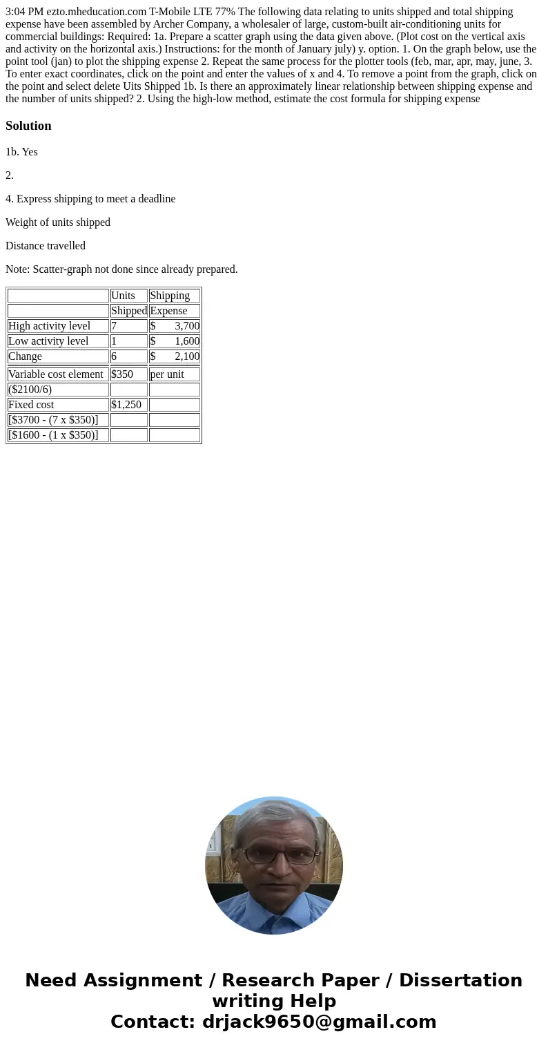 3:04 PM ezto.mheducation.com T-Mobile LTE 77% The following data relating to units shipped and total shipping expense have been assembled by Archer Company, a   3:04 PM ezto.mheducation.com T-Mobile LTE 77% The following data relating to units shipped and total shipping expense have been assembled by Archer Company, a
