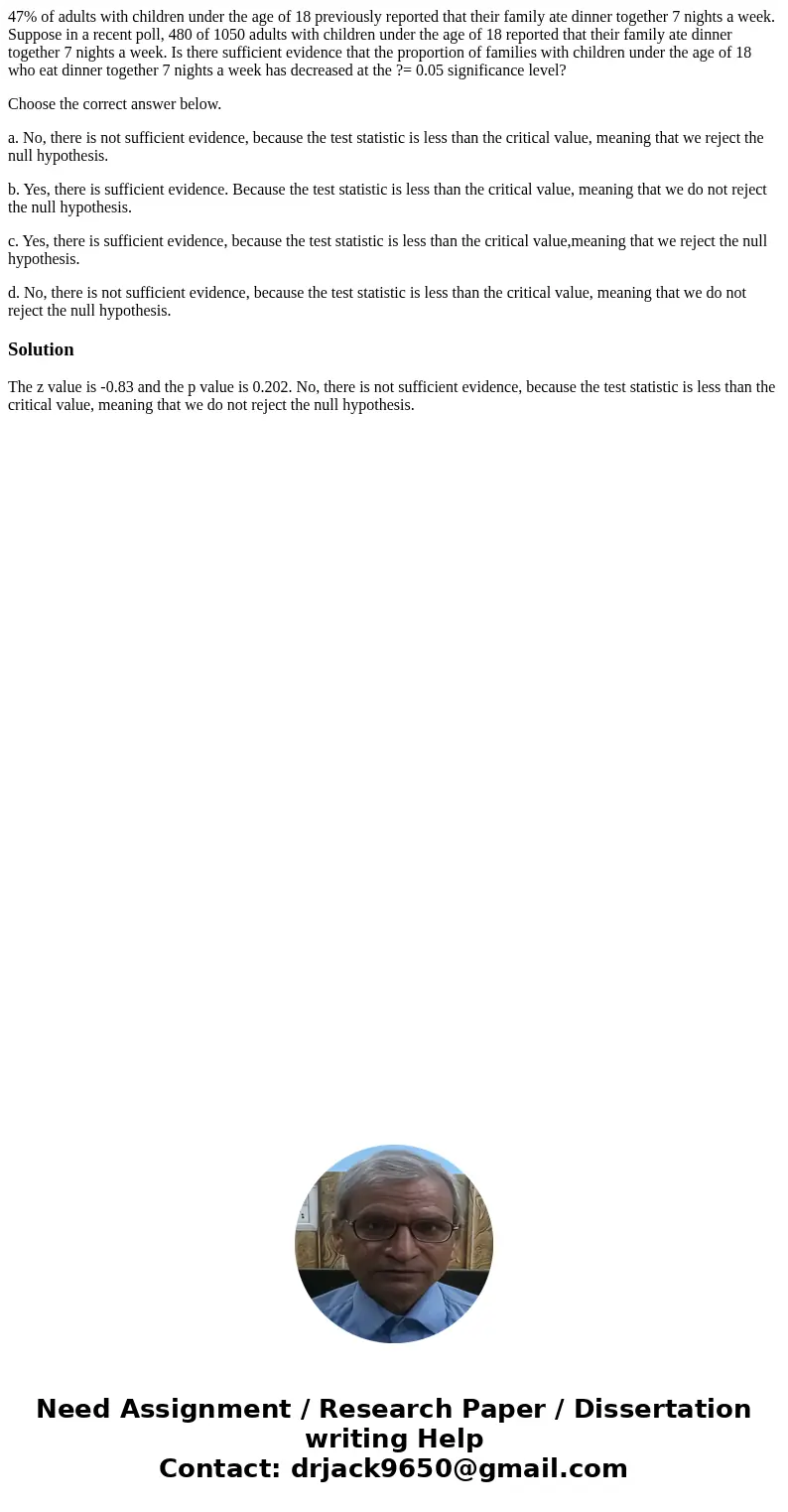 47% of adults with children under the age of 18 previously reported that their family ate dinner together 7 nights a week. Suppose in a recent poll, 480 of 1050 47% of adults with children under the age of 18 previously reported that their family ate dinner together 7 nights a week. Suppose in a recent poll, 480 of 1050