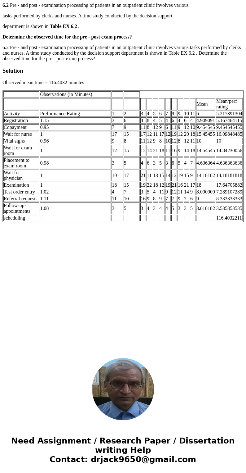 6.2 Pre - and post - examination processing of patients in an outpatient clinic involves various tasks performed by clerks and nurses. A time study conducted by