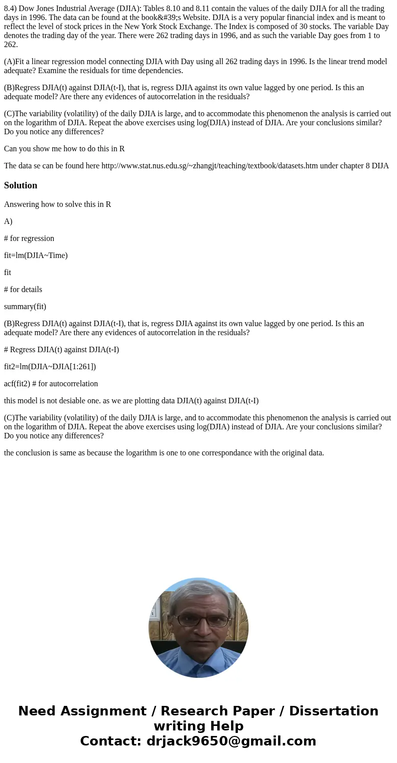 8.4) Dow Jones Industrial Average (DJIA): Tables 8.10 and 8.11 contain the values of the daily DJIA for all the trading days in 1996. The data can be found at t 8.4) Dow Jones Industrial Average (DJIA): Tables 8.10 and 8.11 contain the values of the daily DJIA for all the trading days in 1996. The data can be found at t