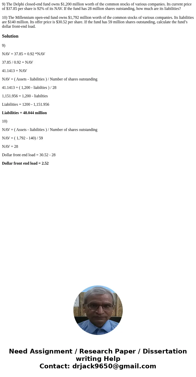 9) The Delphi closed-end fund owns $1,200 million worth of the common stocks of various companies. Its current price of $37.85 per share is 92% of its NAV. If t 9) The Delphi closed-end fund owns $1,200 million worth of the common stocks of various companies. Its current price of $37.85 per share is 92% of its NAV. If t