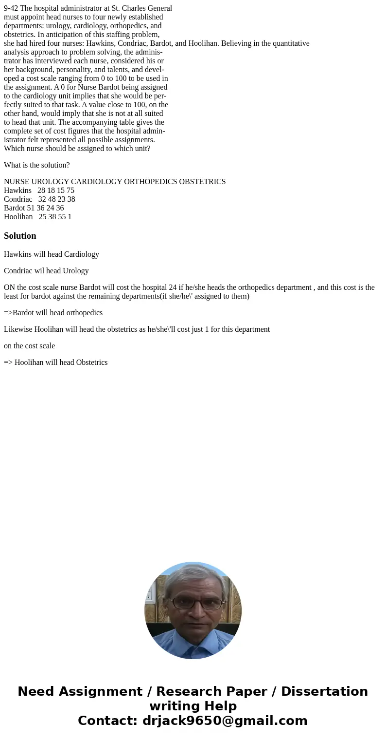 9-42 The hospital administrator at St. Charles General must appoint head nurses to four newly established departments: urology, cardiology, orthopedics, and obs 9-42 The hospital administrator at St. Charles General must appoint head nurses to four newly established departments: urology, cardiology, orthopedics, and obs