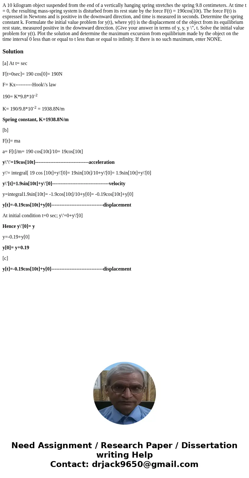 A 10 kilogram object suspended from the end of a vertically hanging spring stretches the spring 9.8 centimeters. At time t = 0, the resulting mass-spring syste  A 10 kilogram object suspended from the end of a vertically hanging spring stretches the spring 9.8 centimeters. At time t = 0, the resulting mass-spring syste