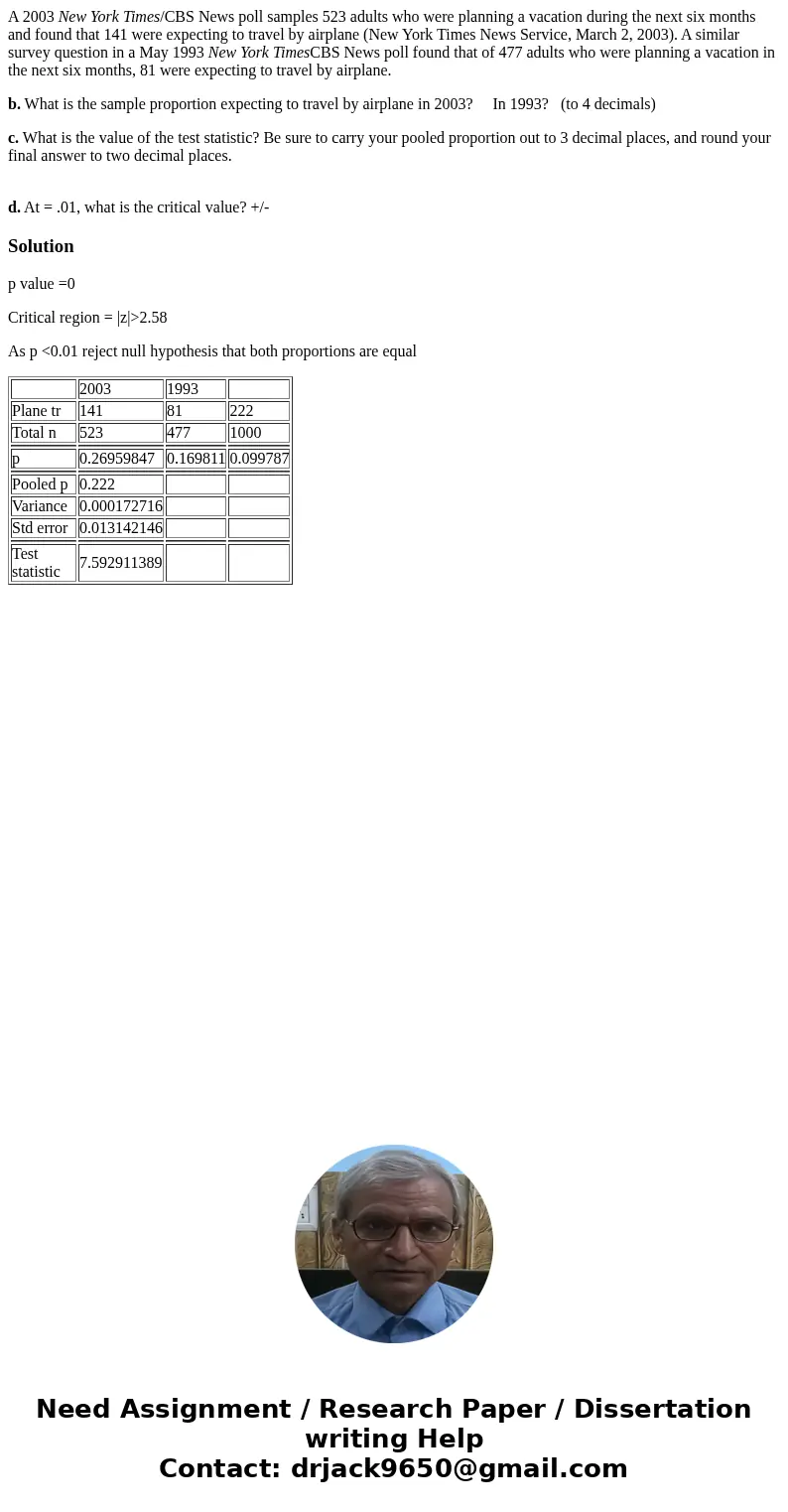 A 2003 New York Times/CBS News poll samples 523 adults who were planning a vacation during the next six months and found that 141 were expecting to travel by ai