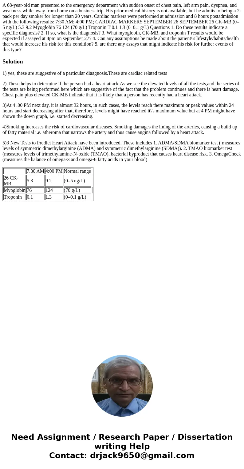 A 68-year-old man presented to the emergency department with sudden onset of chest pain, left arm pain, dyspnea, and weakness while away from home on a business