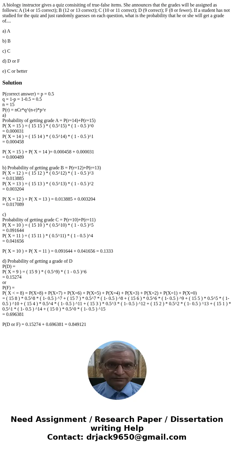 A biology instructor gives a quiz consisiting of true-false items. She announces that the grades will be assigned as follows: A (14 or 15 correct); B (12 or 13  A biology instructor gives a quiz consisiting of true-false items. She announces that the grades will be assigned as follows: A (14 or 15 correct); B (12 or 13