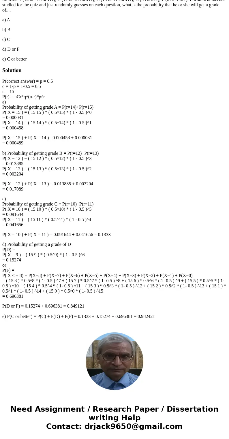 A biology instructor gives a quiz consisiting of true-false items. She announces that the grades will be assigned as follows: A (14 or 15 correct); B (12 or 13  A biology instructor gives a quiz consisiting of true-false items. She announces that the grades will be assigned as follows: A (14 or 15 correct); B (12 or 13