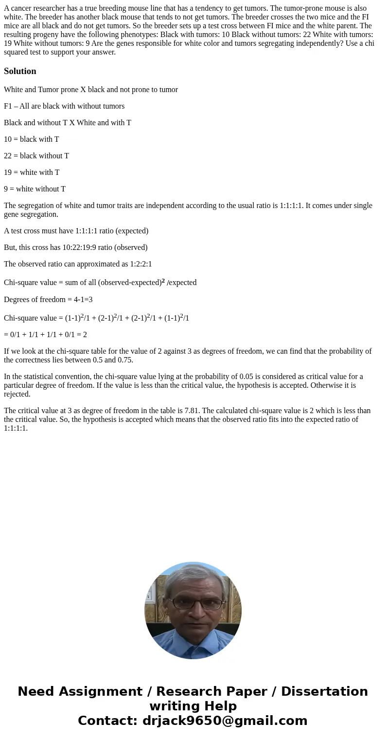 A cancer researcher has a true breeding mouse line that has a tendency to get tumors. The tumor-prone mouse is also white. The breeder has another black mouse   A cancer researcher has a true breeding mouse line that has a tendency to get tumors. The tumor-prone mouse is also white. The breeder has another black mouse