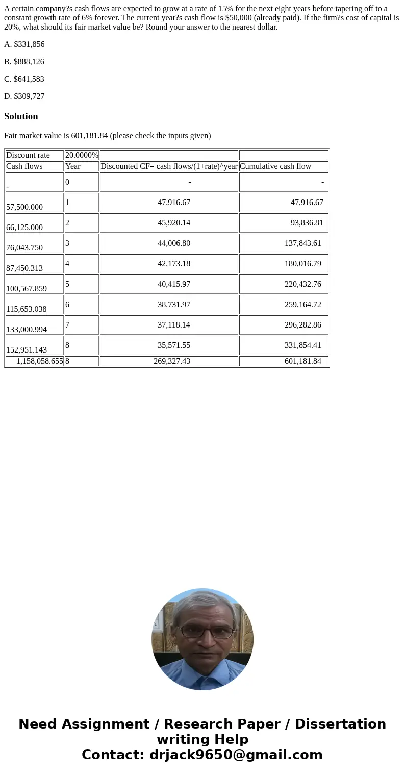 A certain company?s cash flows are expected to grow at a rate of 15% for the next eight years before tapering off to a constant growth rate of 6% forever. The c A certain company?s cash flows are expected to grow at a rate of 15% for the next eight years before tapering off to a constant growth rate of 6% forever. The c