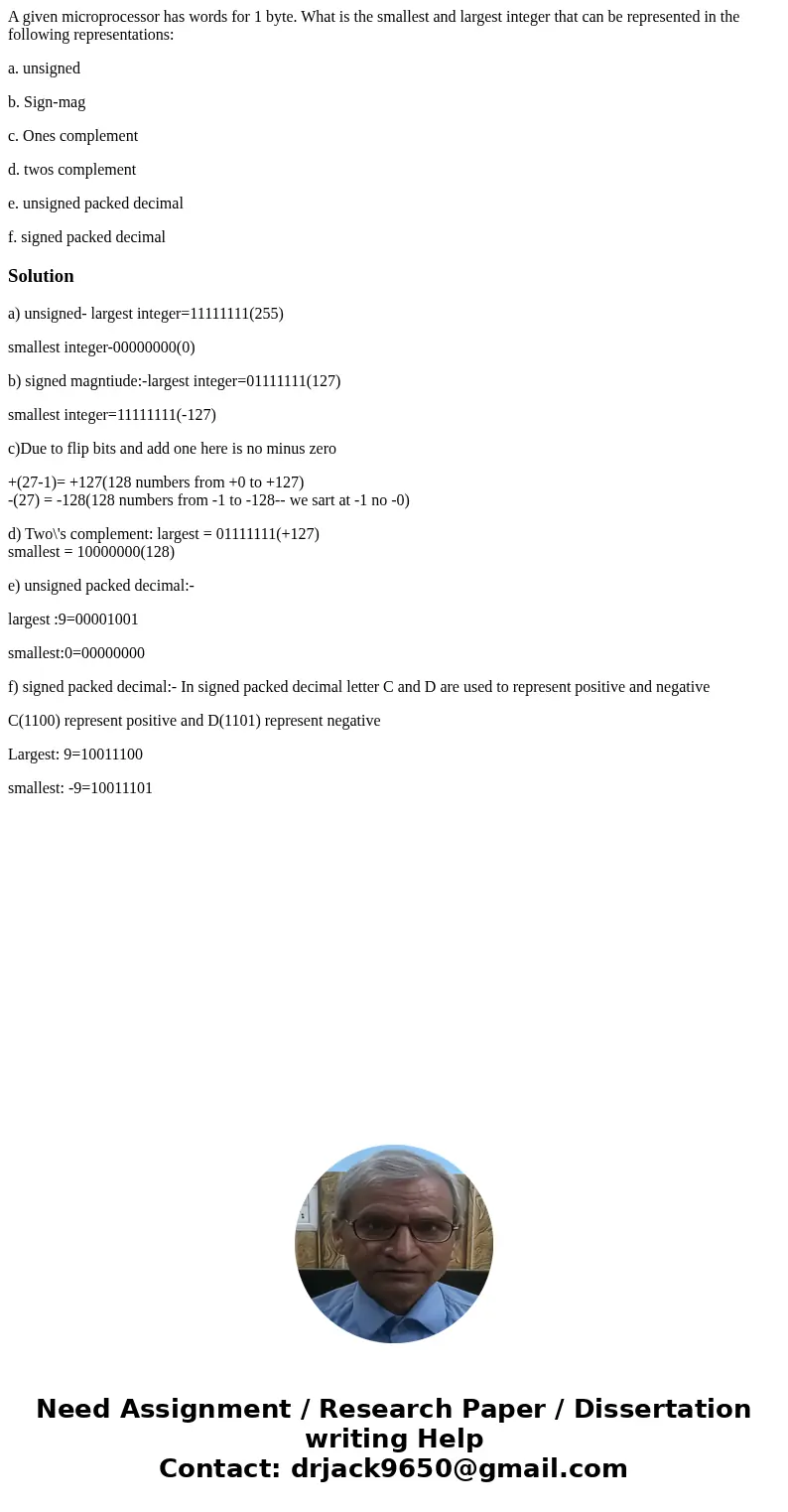 A given microprocessor has words for 1 byte. What is the smallest and largest integer that can be represented in the following representations: a. unsigned b. S A given microprocessor has words for 1 byte. What is the smallest and largest integer that can be represented in the following representations: a. unsigned b. S