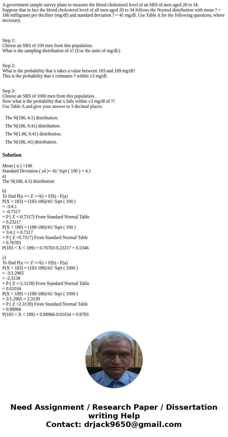 A government sample survey plans to measure the blood cholesterol level of an SRS of men aged 20 to 34. Suppose that in fact the blood cholesterol level of all  A government sample survey plans to measure the blood cholesterol level of an SRS of men aged 20 to 34. Suppose that in fact the blood cholesterol level of all