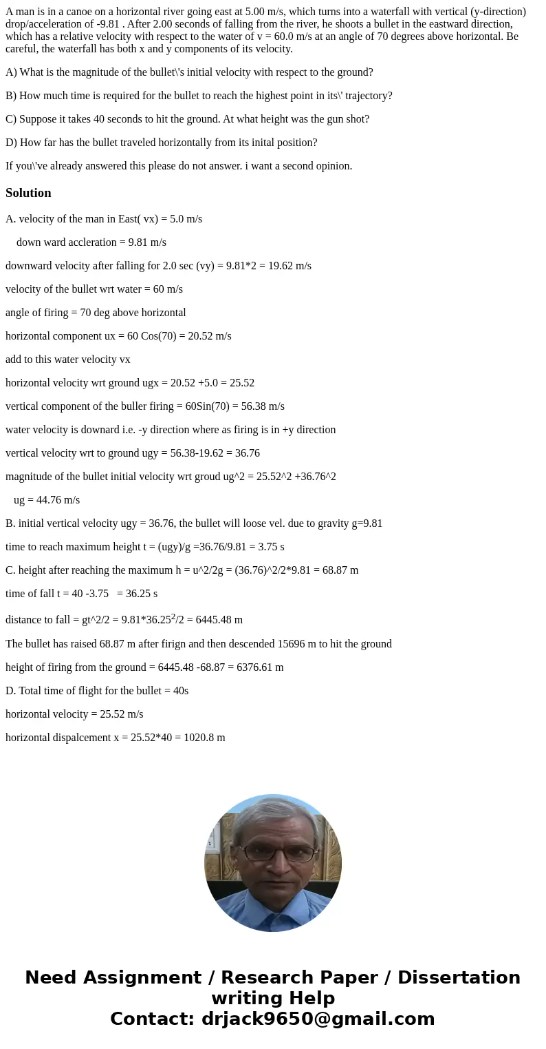 A man is in a canoe on a horizontal river going east at 5.00 m/s, which turns into a waterfall with vertical (y-direction) drop/acceleration of -9.81 . After 2. A man is in a canoe on a horizontal river going east at 5.00 m/s, which turns into a waterfall with vertical (y-direction) drop/acceleration of -9.81 . After 2.