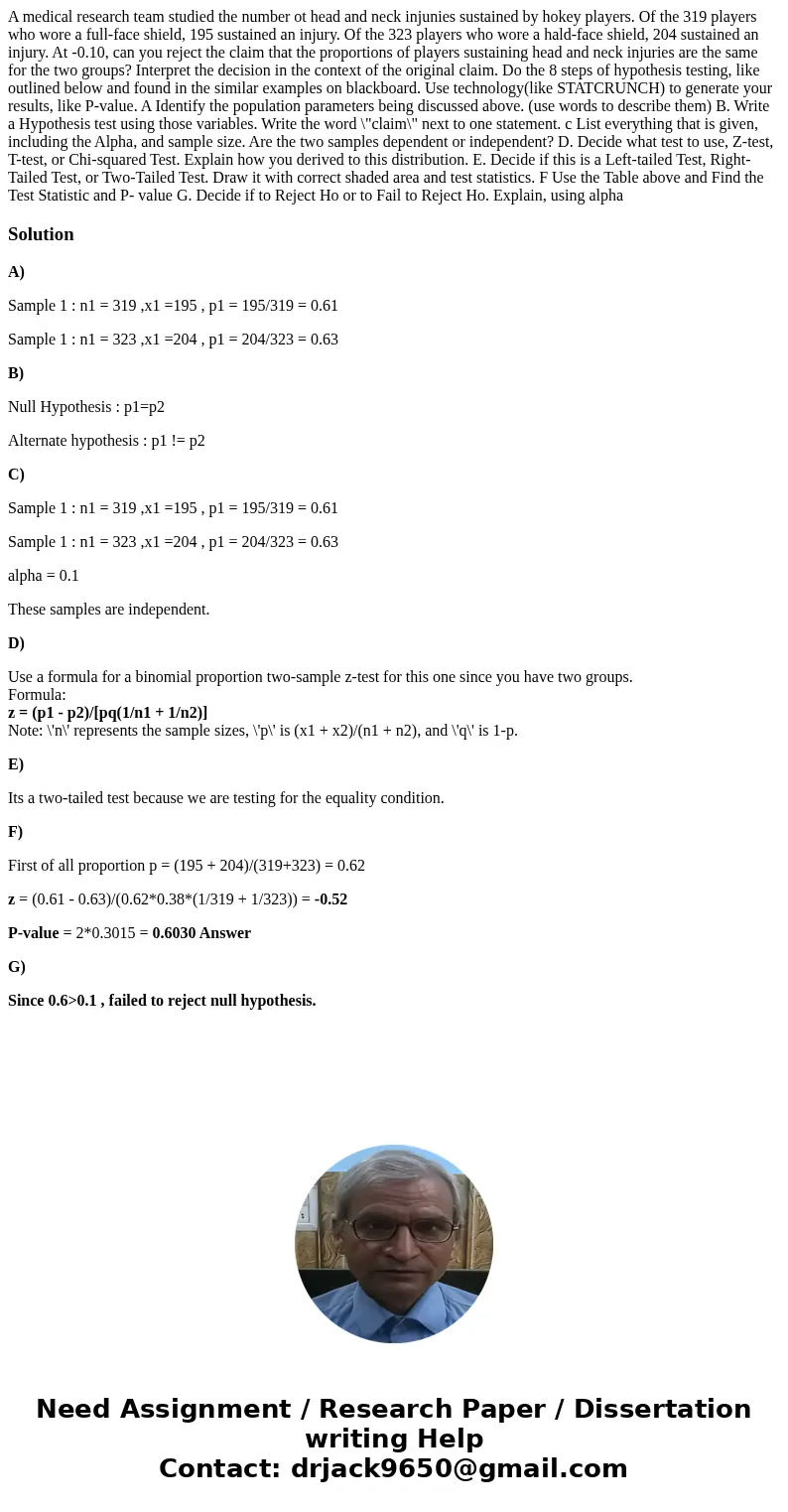  A medical research team studied the number ot head and neck injunies sustained by hokey players. Of the 319 players who wore a full-face shield, 195 sustained 