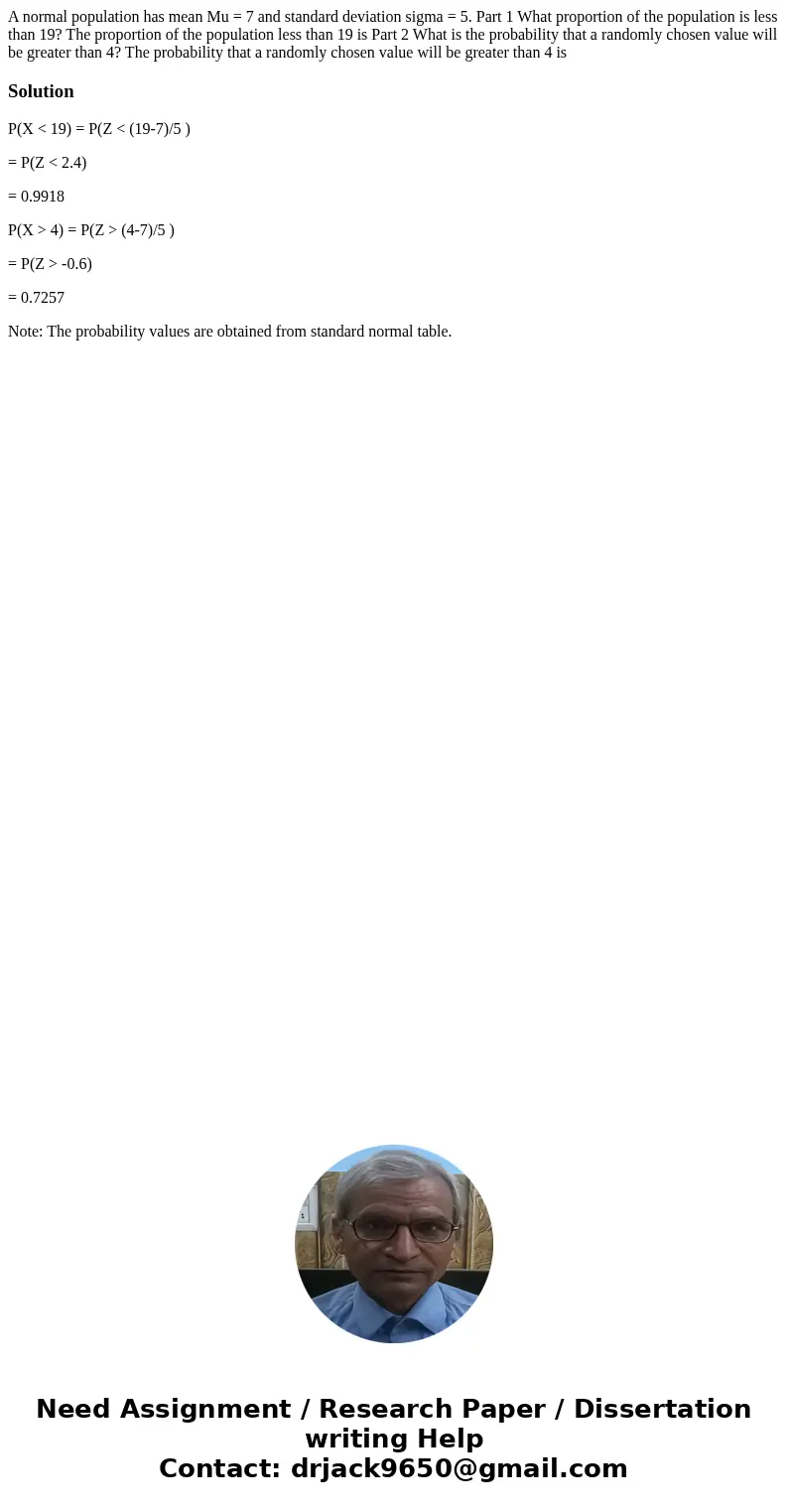 A normal population has mean Mu = 7 and standard deviation sigma = 5. Part 1 What proportion of the population is less than 19? The proportion of the populatio  A normal population has mean Mu = 7 and standard deviation sigma = 5. Part 1 What proportion of the population is less than 19? The proportion of the populatio