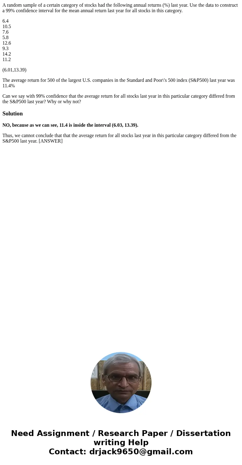 A random sample of a certain category of stocks had the following annual returns (%) last year. Use the data to construct a 99% confidence interval for the mean A random sample of a certain category of stocks had the following annual returns (%) last year. Use the data to construct a 99% confidence interval for the mean