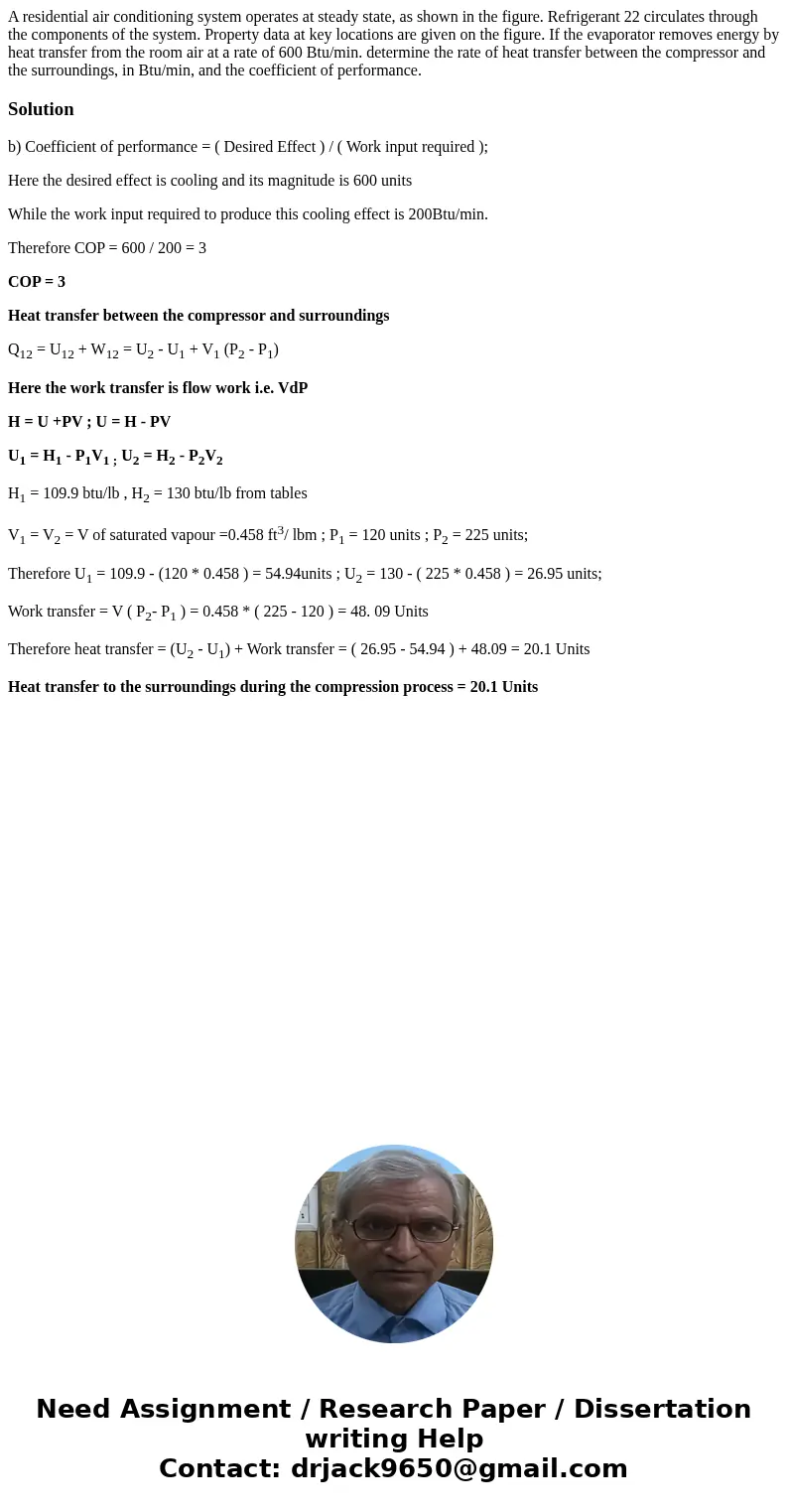 A residential air conditioning system operates at steady state, as shown in the figure. Refrigerant 22 circulates through the components of the system. Propert  A residential air conditioning system operates at steady state, as shown in the figure. Refrigerant 22 circulates through the components of the system. Propert