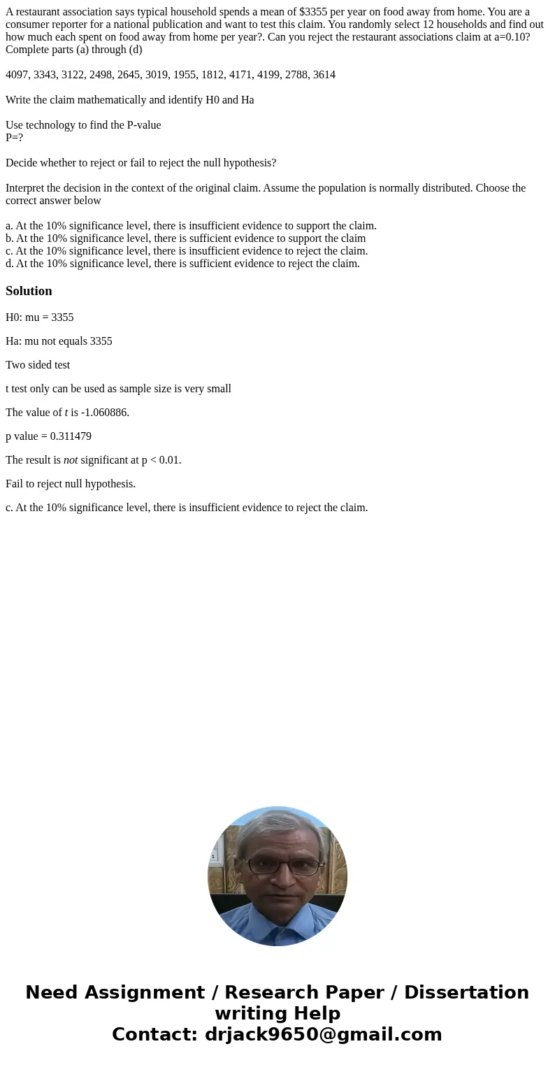 A restaurant association says typical household spends a mean of $3355 per year on food away from home. You are a consumer reporter for a national publication a A restaurant association says typical household spends a mean of $3355 per year on food away from home. You are a consumer reporter for a national publication a