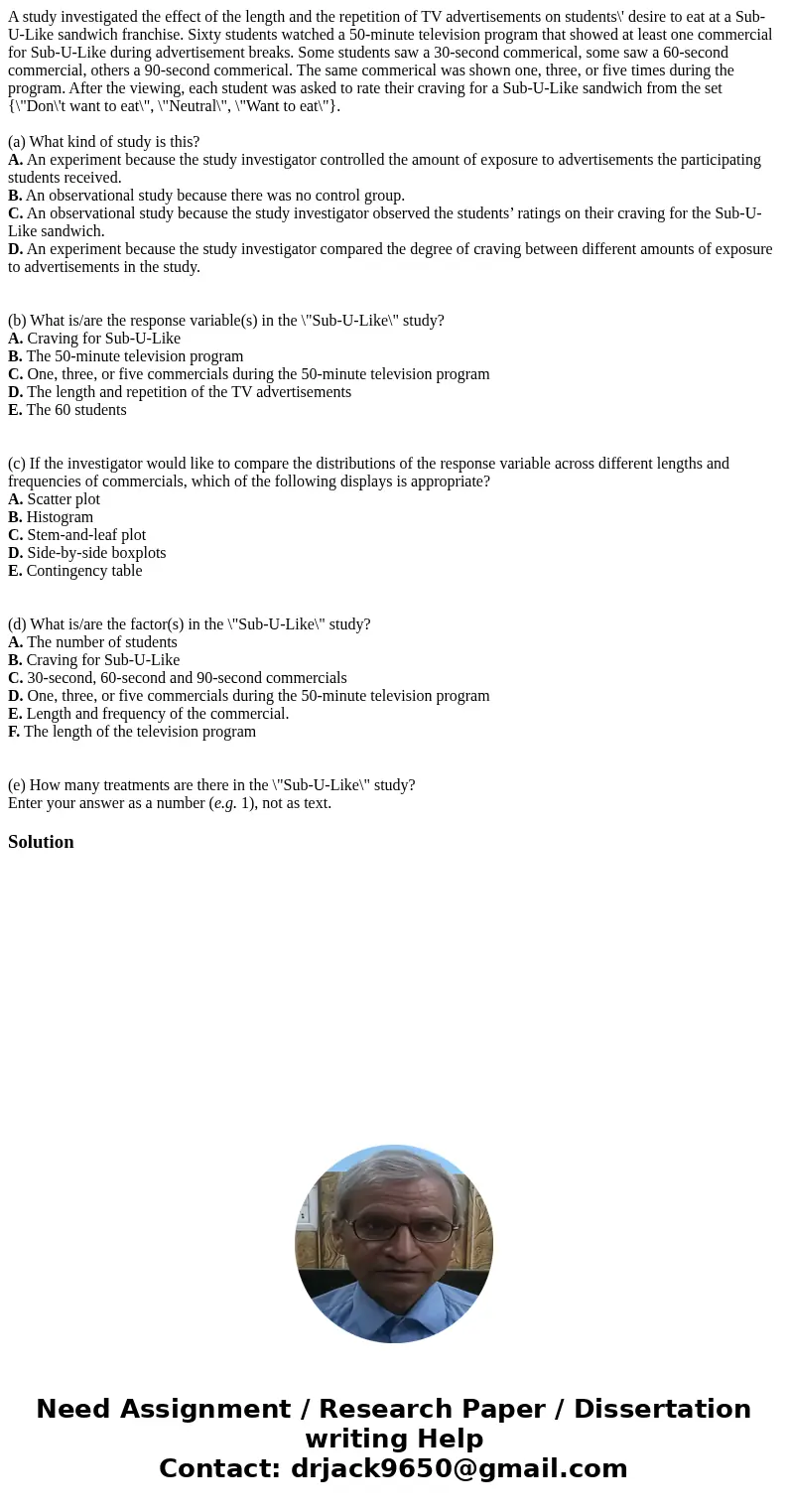 A study investigated the effect of the length and the repetition of TV advertisements on students\' desire to eat at a Sub-U-Like sandwich franchise. Sixty stud A study investigated the effect of the length and the repetition of TV advertisements on students\' desire to eat at a Sub-U-Like sandwich franchise. Sixty stud
