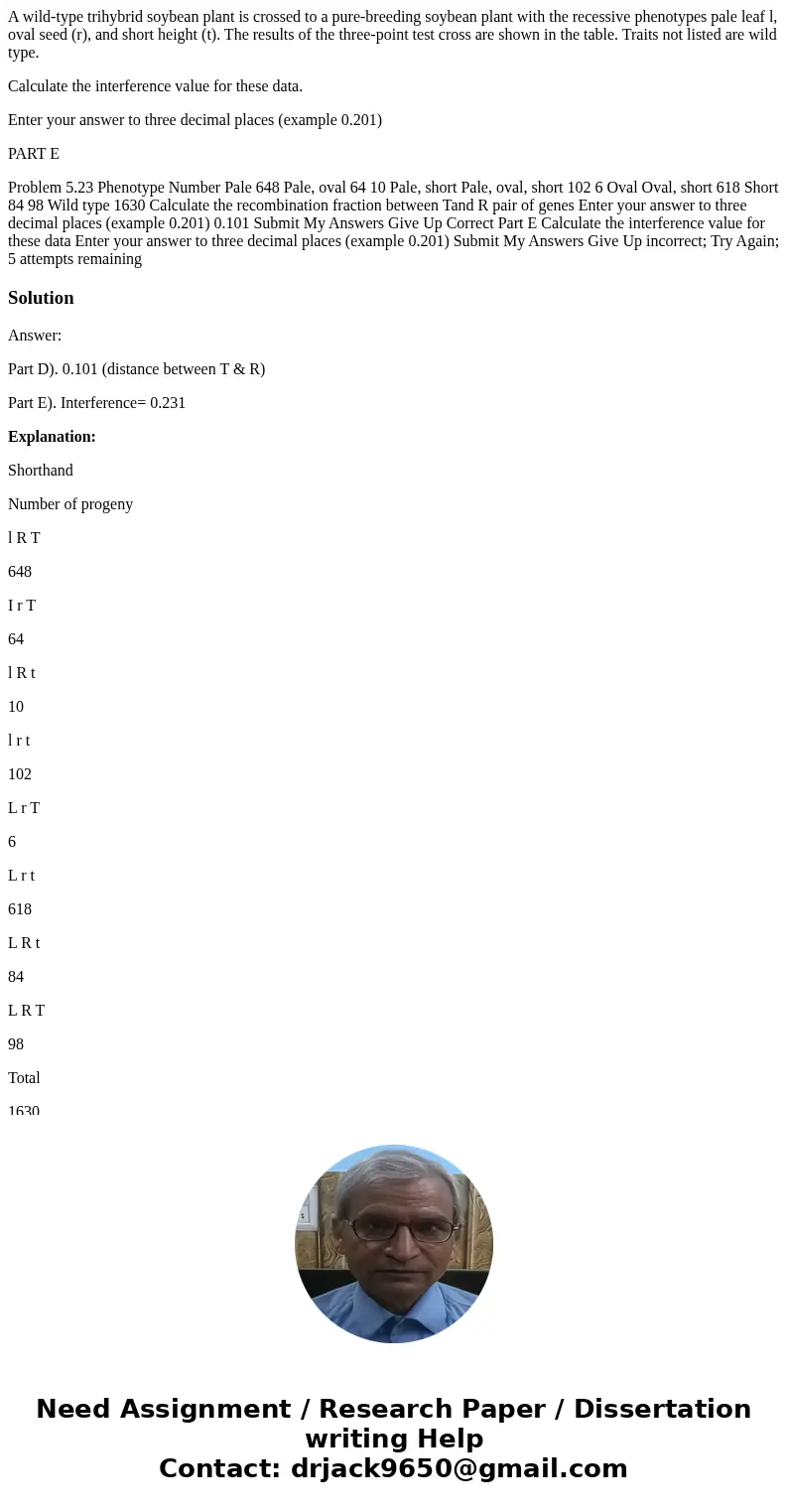 A wild-type trihybrid soybean plant is crossed to a pure-breeding soybean plant with the recessive phenotypes pale leaf l, oval seed (r), and short height (t).  A wild-type trihybrid soybean plant is crossed to a pure-breeding soybean plant with the recessive phenotypes pale leaf l, oval seed (r), and short height (t).