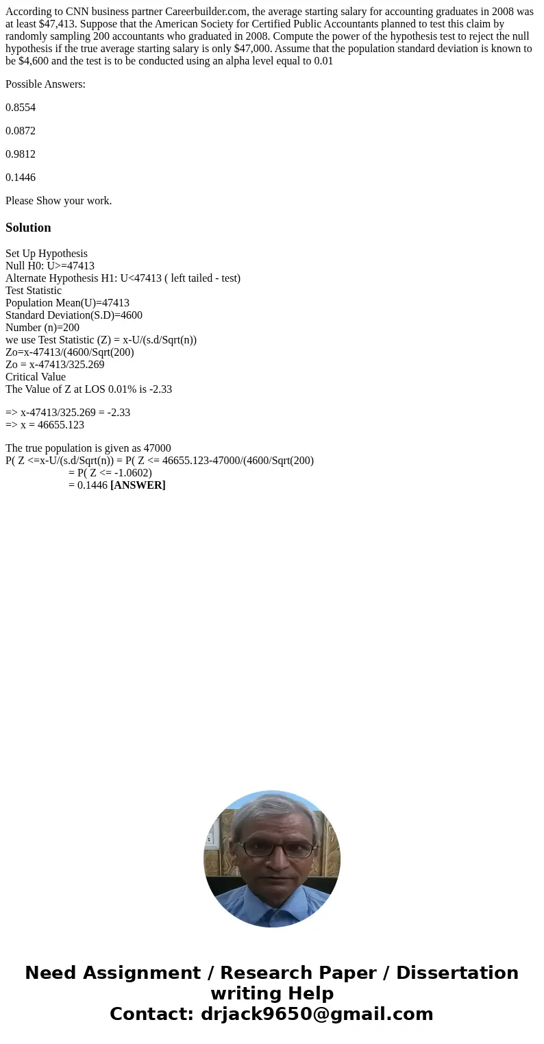 According to CNN business partner Careerbuilder.com, the average starting salary for accounting graduates in 2008 was at least $47,413. Suppose that the America According to CNN business partner Careerbuilder.com, the average starting salary for accounting graduates in 2008 was at least $47,413. Suppose that the America