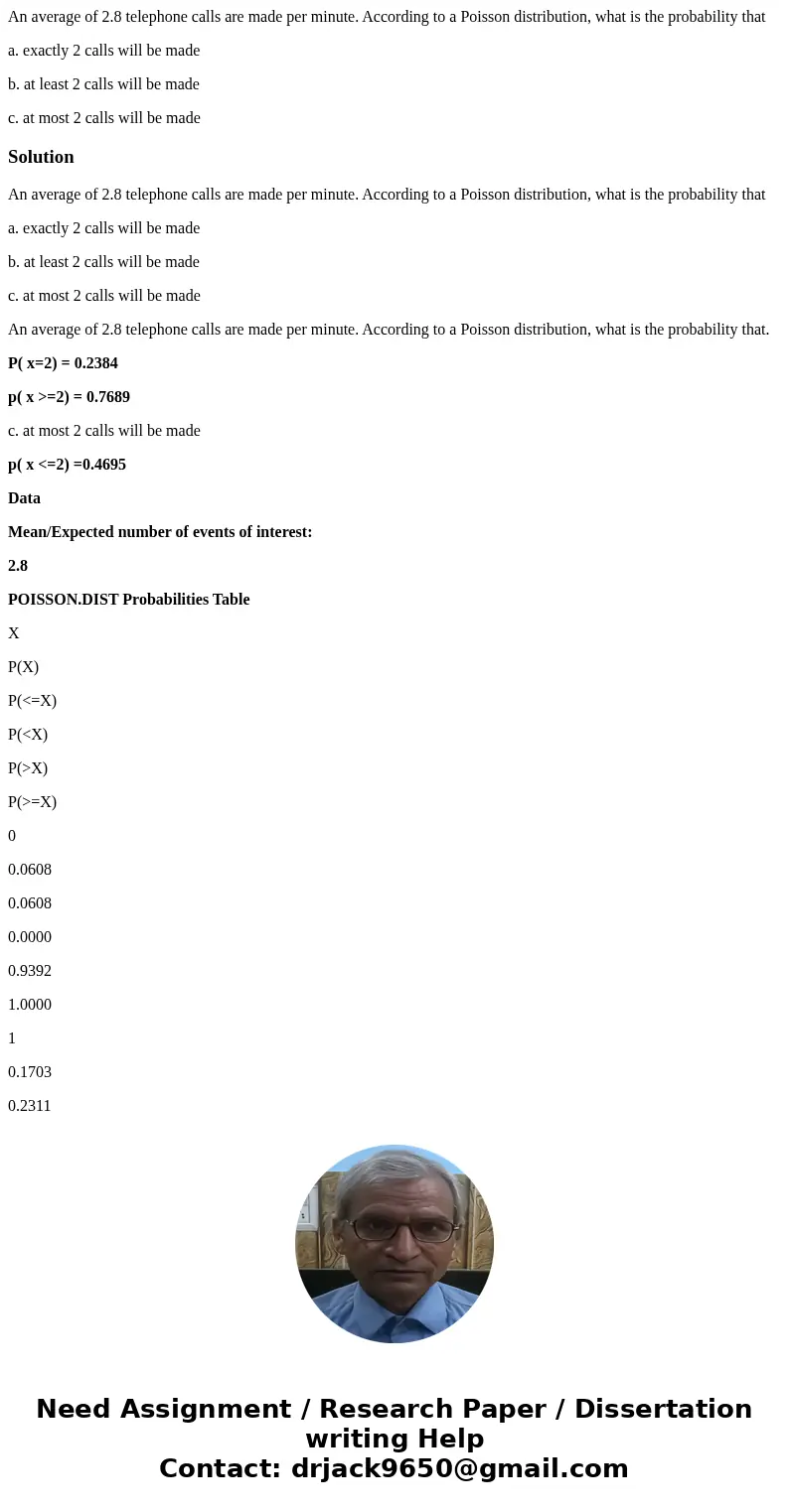 An average of 2.8 telephone calls are made per minute. According to a Poisson distribution, what is the probability that a. exactly 2 calls will be made b. at l