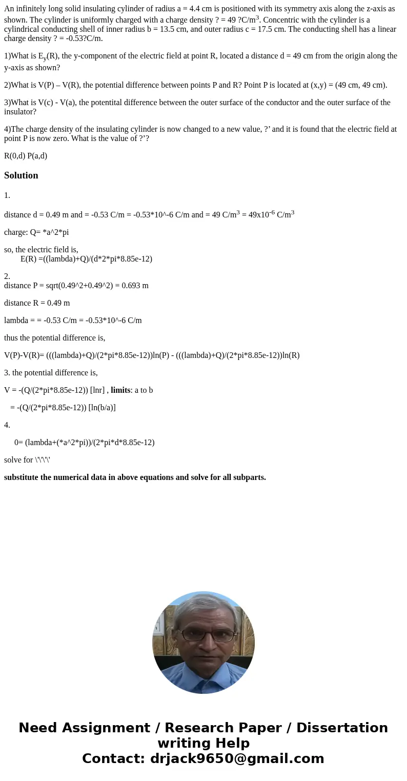An infinitely long solid insulating cylinder of radius a = 4.4 cm is positioned with its symmetry axis along the z-axis as shown. The cylinder is uniformly char An infinitely long solid insulating cylinder of radius a = 4.4 cm is positioned with its symmetry axis along the z-axis as shown. The cylinder is uniformly char