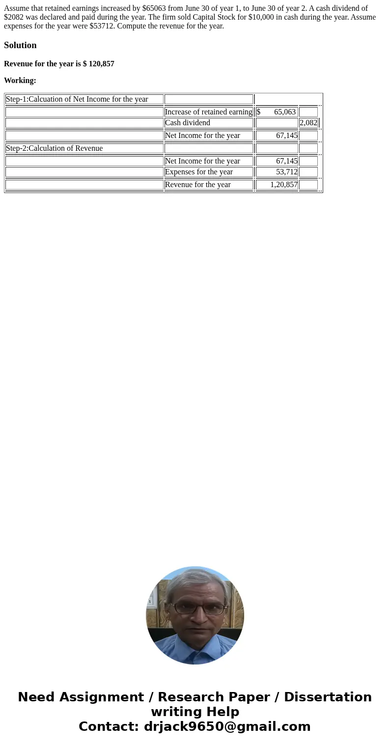 Assume that retained earnings increased by $65063 from June 30 of year 1, to June 30 of year 2. A cash dividend of $2082 was declared and paid during the year. 