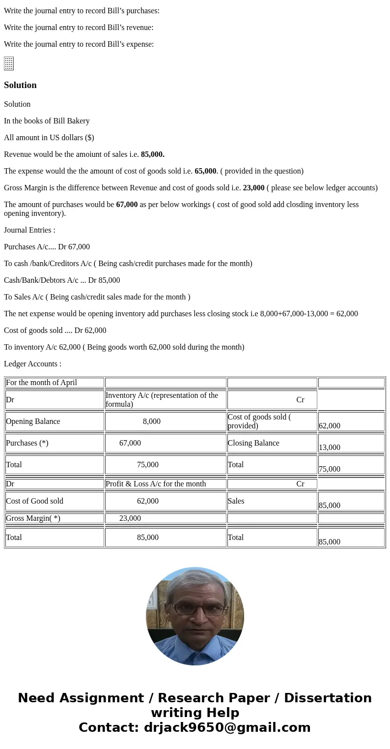 Bill’s Bakery’s Inventory account had a balance of $8,000 on April 1st and a balance of $13,000 on April 30th. Bill’s sold $62,000 worth of inventory for $85,00