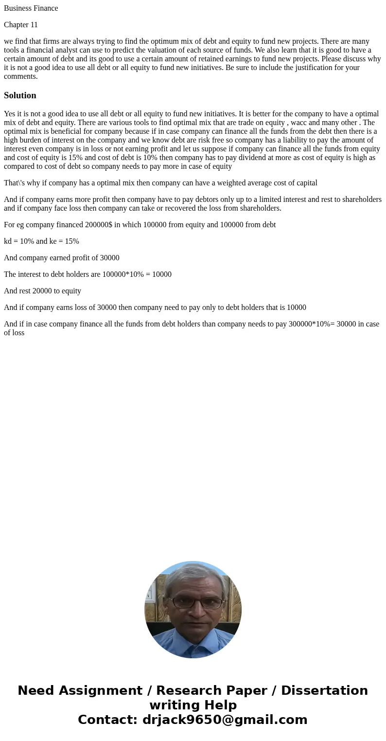 Business Finance Chapter 11 we find that firms are always trying to find the optimum mix of debt and equity to fund new projects. There are many tools a financi Business Finance Chapter 11 we find that firms are always trying to find the optimum mix of debt and equity to fund new projects. There are many tools a financi