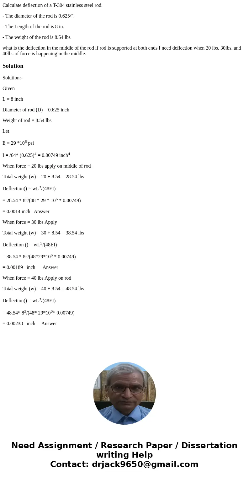 Calculate deflection of a T-304 stainless steel rod. - The diameter of the rod is 0.625\ Calculate deflection of a T-304 stainless steel rod. - The diameter of the rod is 0.625\