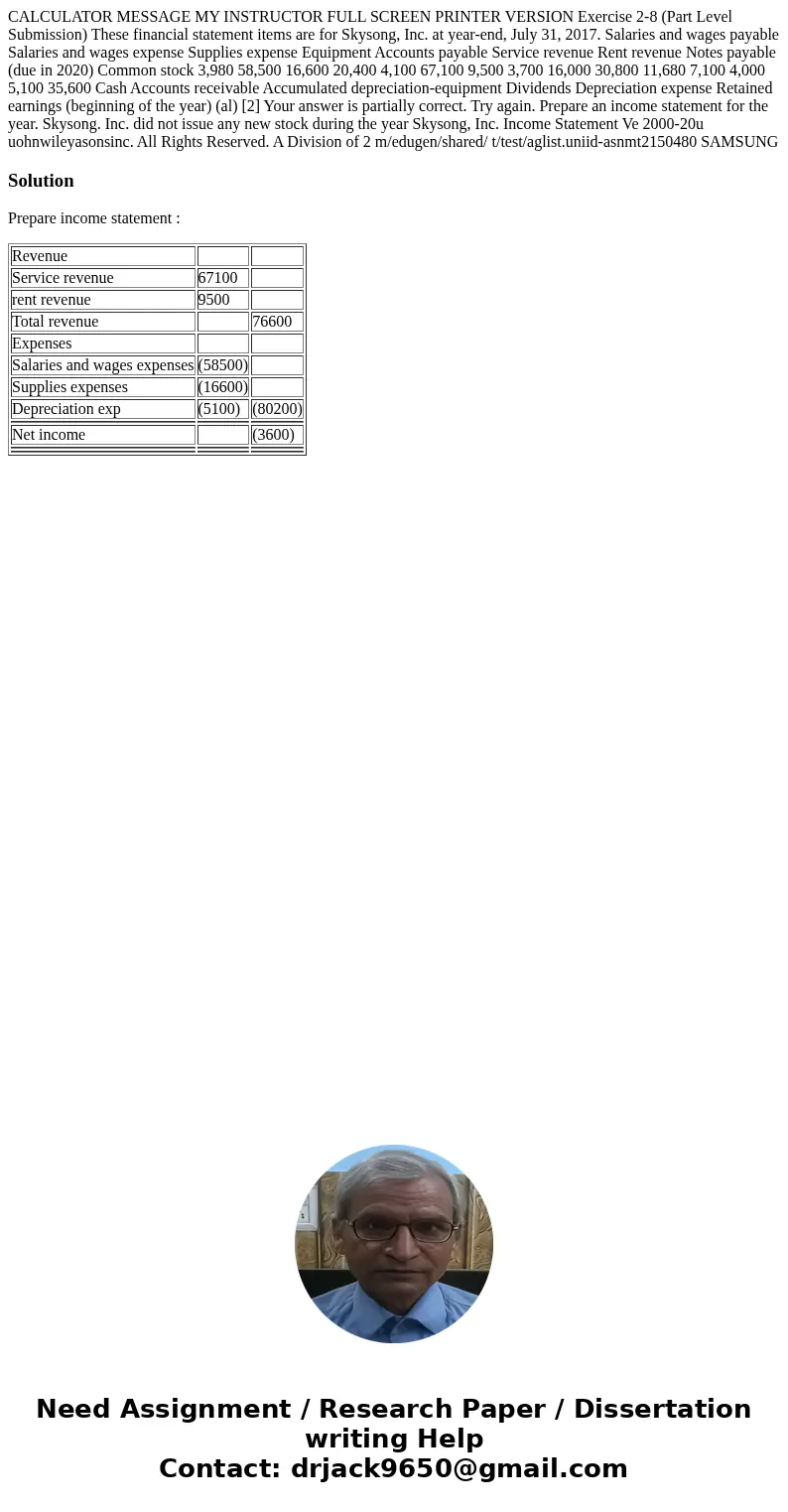  CALCULATOR MESSAGE MY INSTRUCTOR FULL SCREEN PRINTER VERSION Exercise 2-8 (Part Level Submission) These financial statement items are for Skysong, Inc. at year